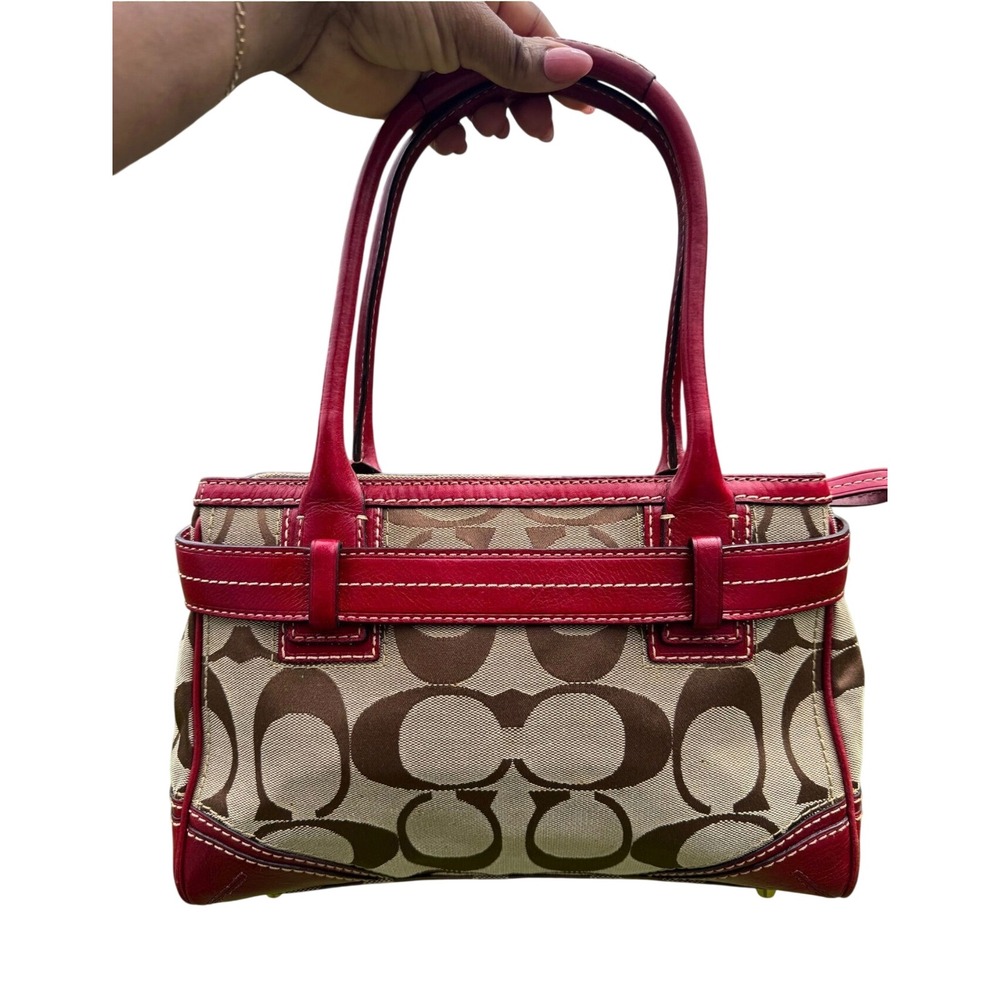 Coach Hampton Signature Khaki Red Leather Trim Satchel Handbag Gold Hardware Y2K - Picture 3 of 7
